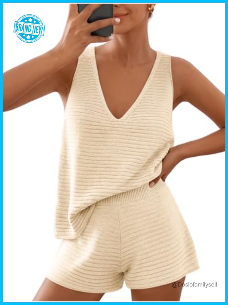 Women's Summer 2 Piece Vacation Short Set V Neck Lounge Pajamas Knit